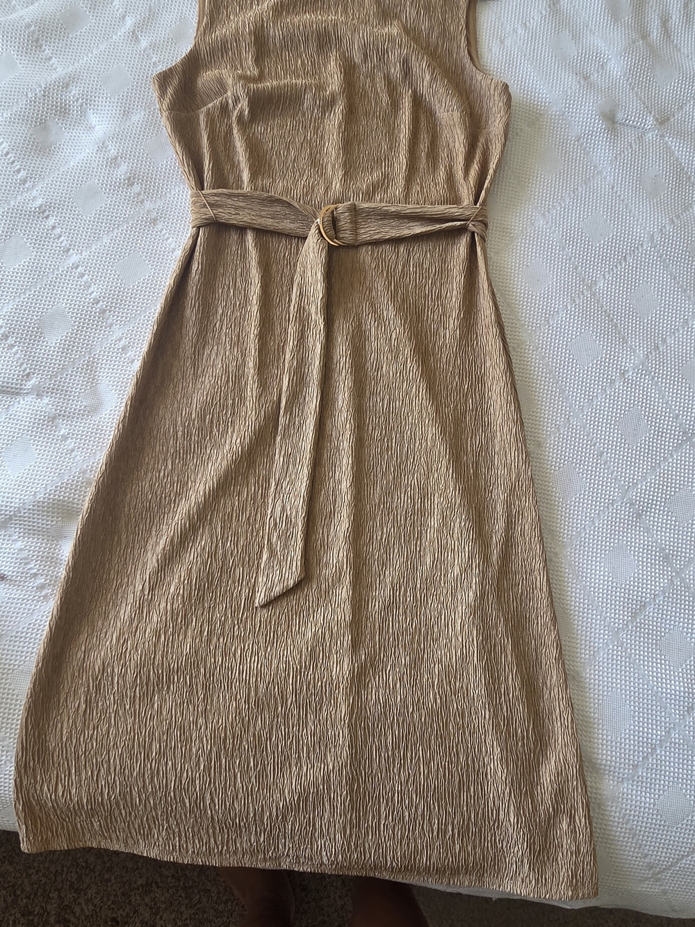 Enfocus Studio Sleeveless Textured Midi Dress in Light Brown with Self-Tie Belt